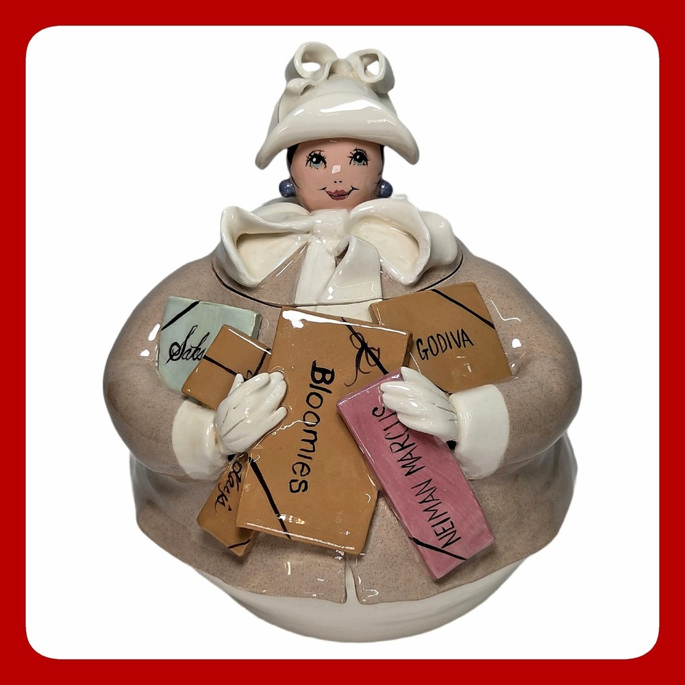 Kay Steindorf 1995 Ceramic Cookie Jar Shopper Lady Shopping Bags Saks Bloomies